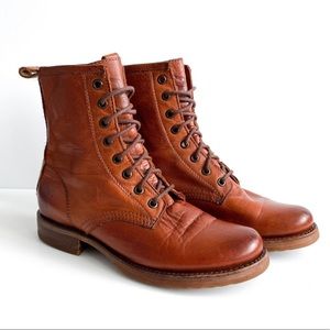 Frye Veronica Cognac Lace Up Leather Combat Boots